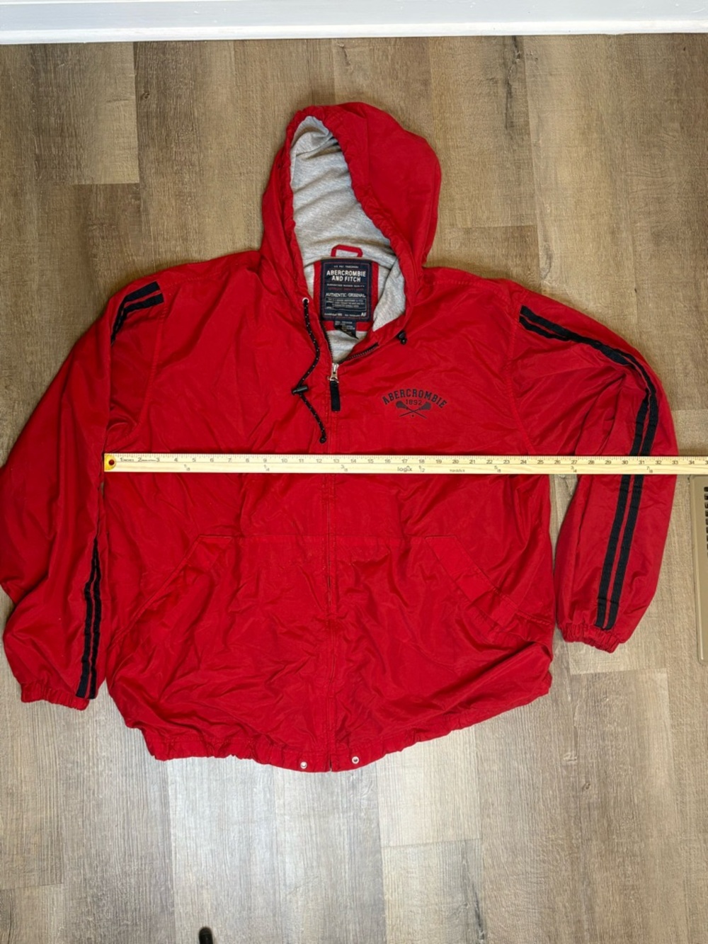 Abercrombie & Fitch Red Hooded Windbreaker with Black Stripe Accents